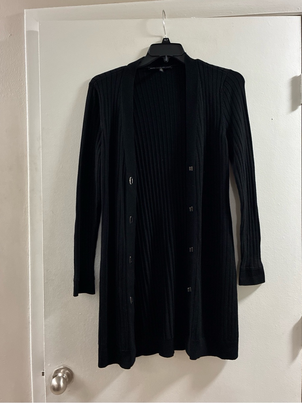 White House Black Market Black Sliver Accent Hardware Rib-Knit Long Cardigan